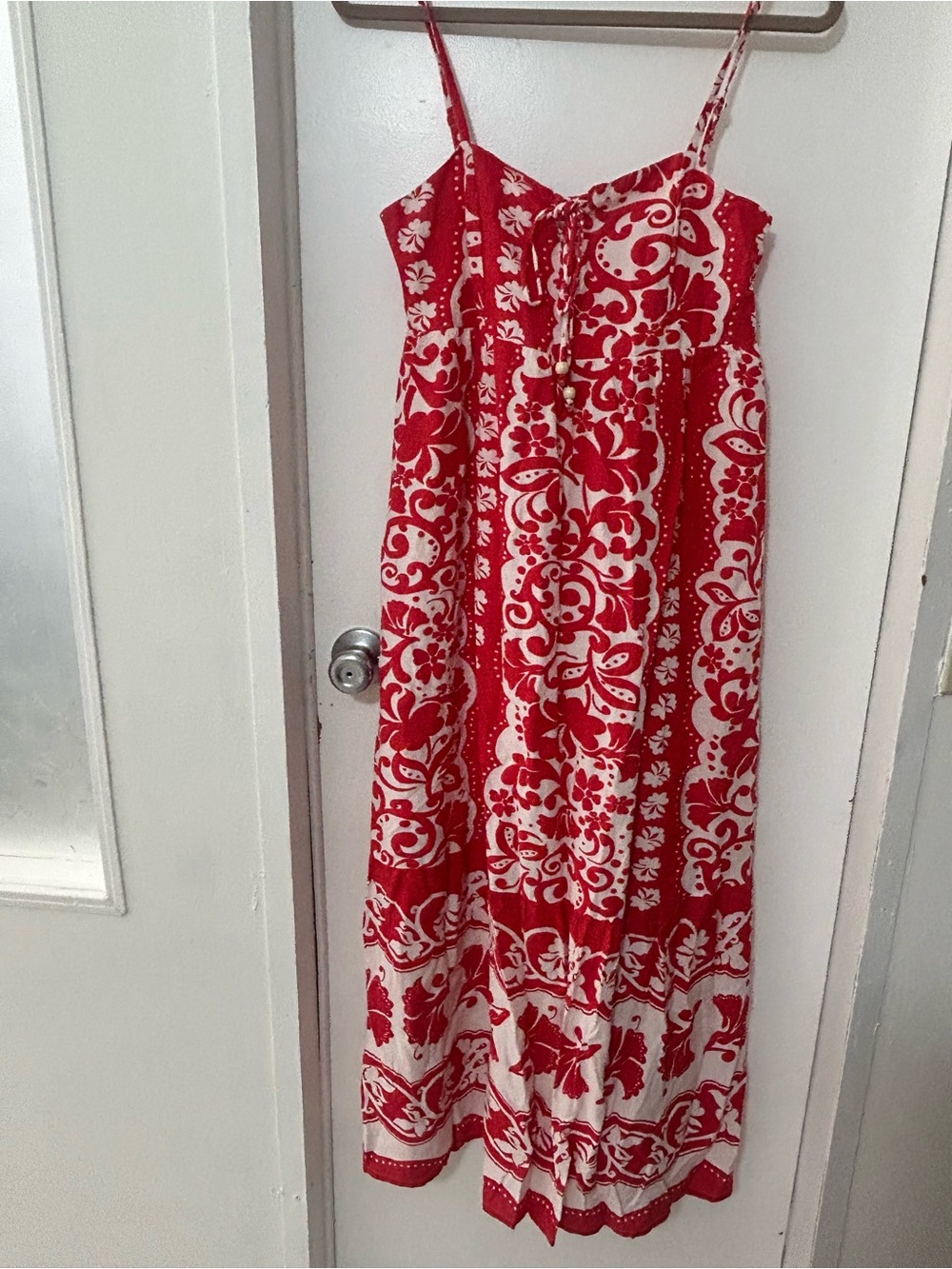 Japna Red and White Printed Spaghetti-Strap Maxi Dress